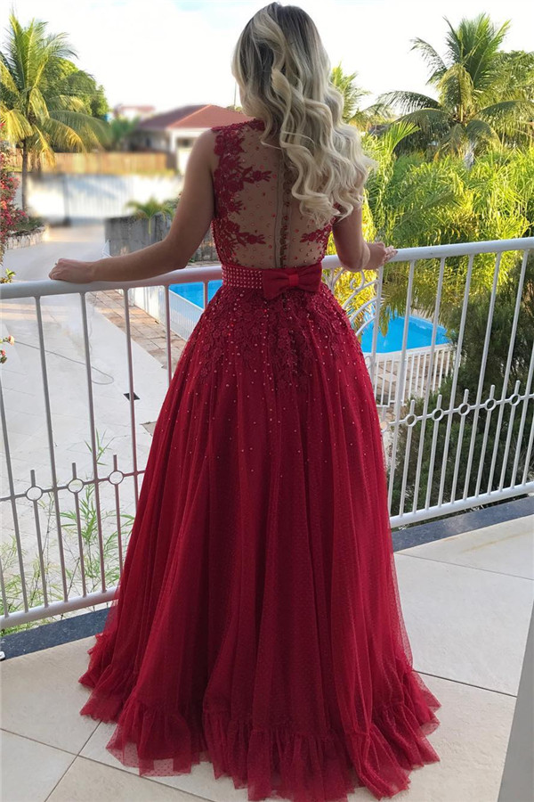 A-line Jewel Neck Sleeveless Sweep / Brush Train Tulle Cocktail Party Dress With Beading 3