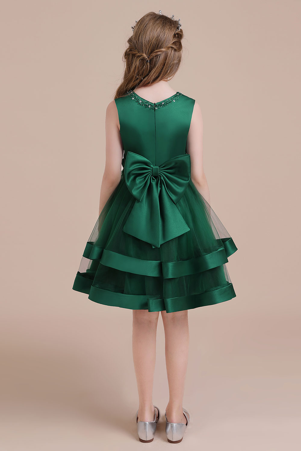 A-line Jewel Neck Sleeveless Knee-length Satin Flower Girl Dress With Bow 2