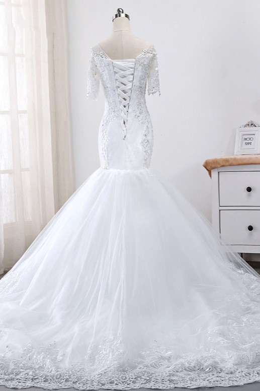 Mermaid Jewel Neck Short Sleeves Floor-length Tulle Wedding Dress With Lace 2