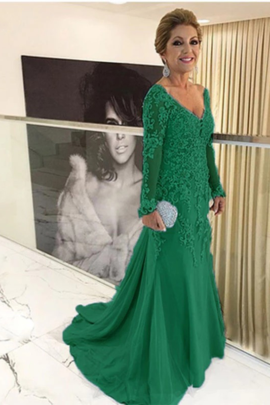 Gold V-Neck Lace Mother of the Bride Dress with Long Sleeves -  and 5