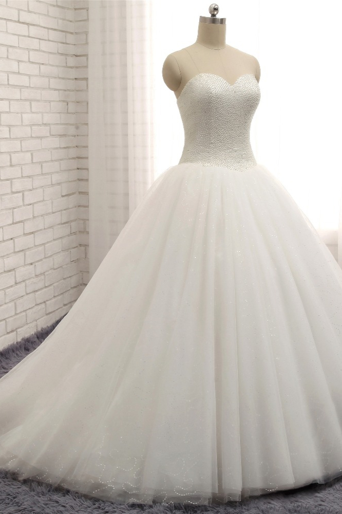 A-line Sweetheart Neck Floor-length Tulle Wedding Gown With Pearls 3