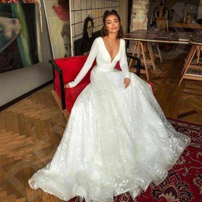 A-line Sweetheart Neck Long Sleeves Court Train Satin Wedding Gown With Lace 4