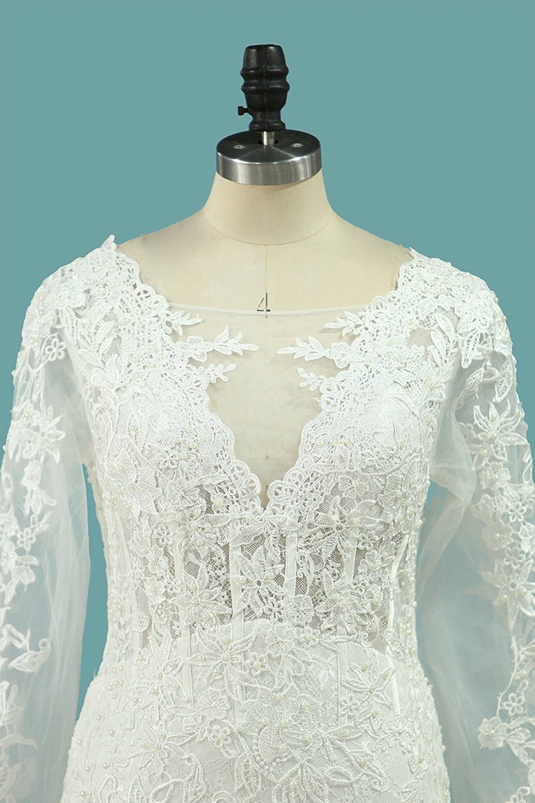 Mermaid Square Neck Long Sleeves Floor-length Tulle Wedding Dress With Appliques 2