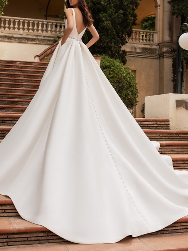 A-line V-neck Court Train Tulle Wedding Gown With Beading 2