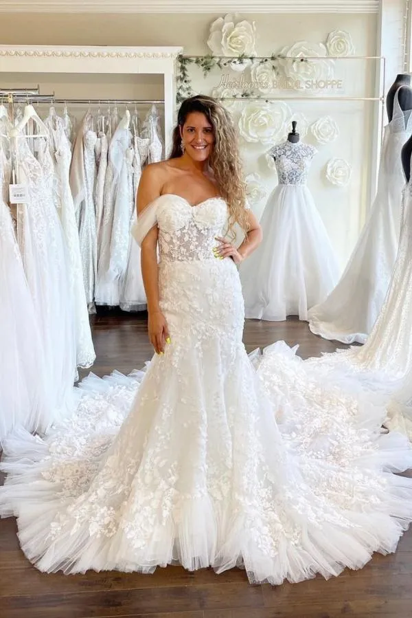 3D Floral Applique Mermaid Wedding Dress with Dropped Sleeves 1