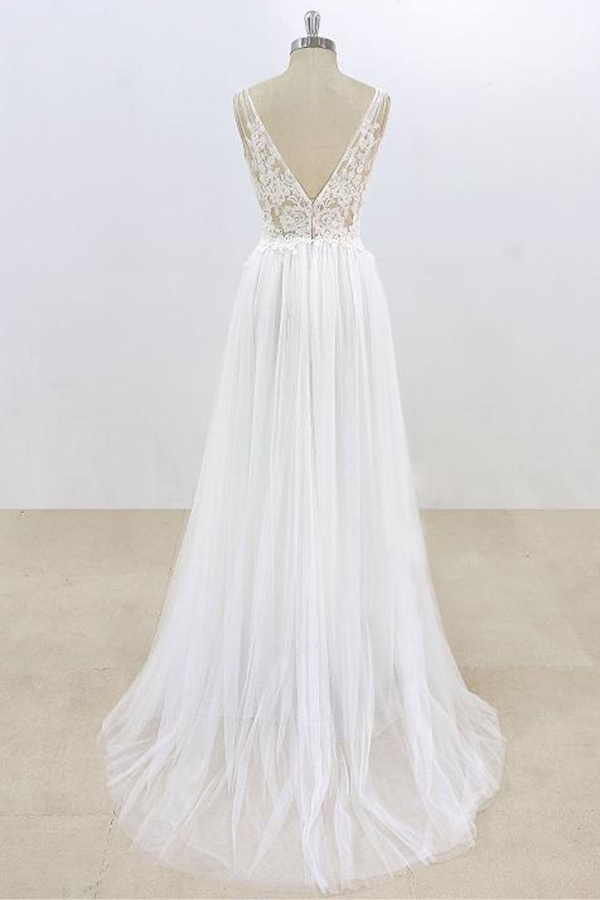 A-line V-neck Sleeveless Sweep / Brush Train Tulle Wedding Gown With Lace 2