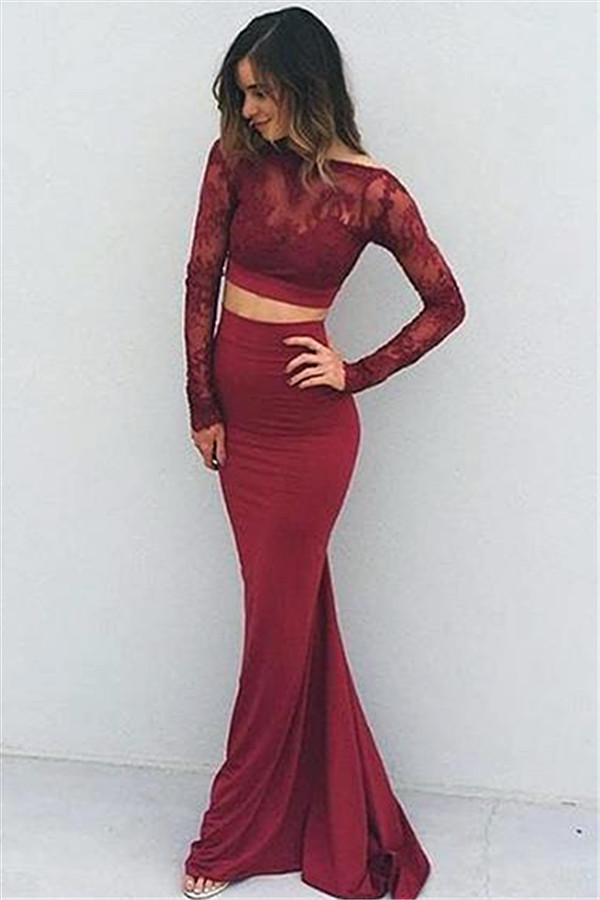 Mermaid Bateau Neck Long Sleeves Evening Dress With Sweep / Brush Train 1