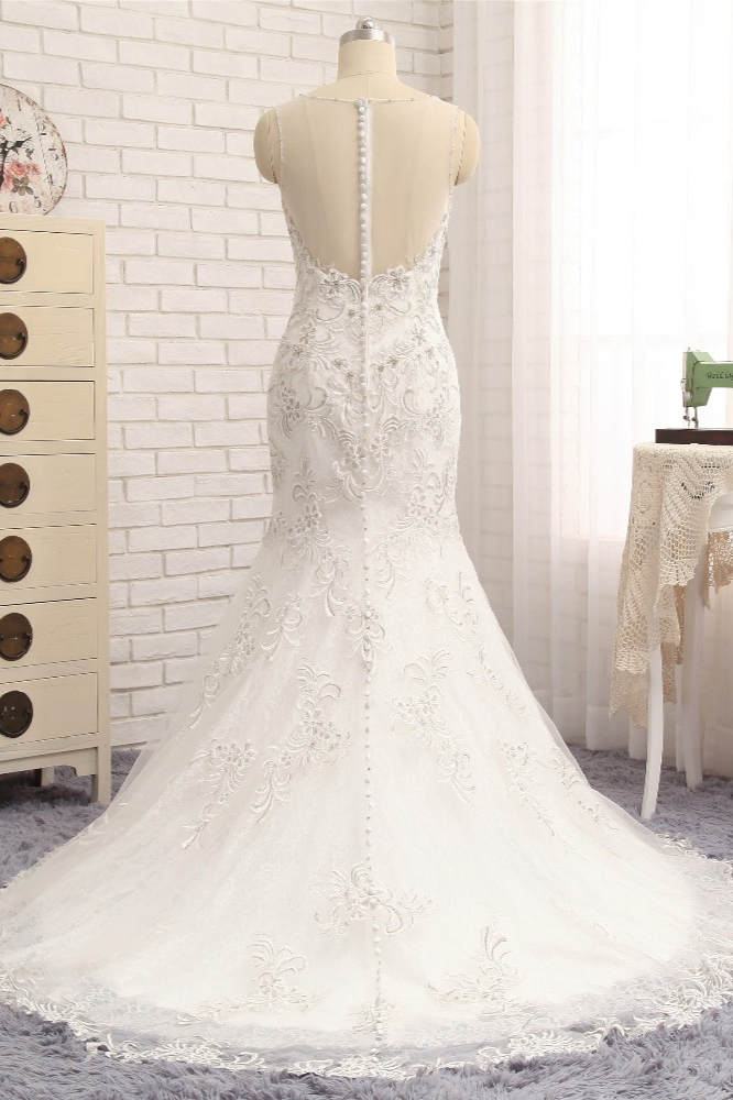 Mermaid Jewel Neck Sleeveless Floor-length Wedding Dress With Lace 2