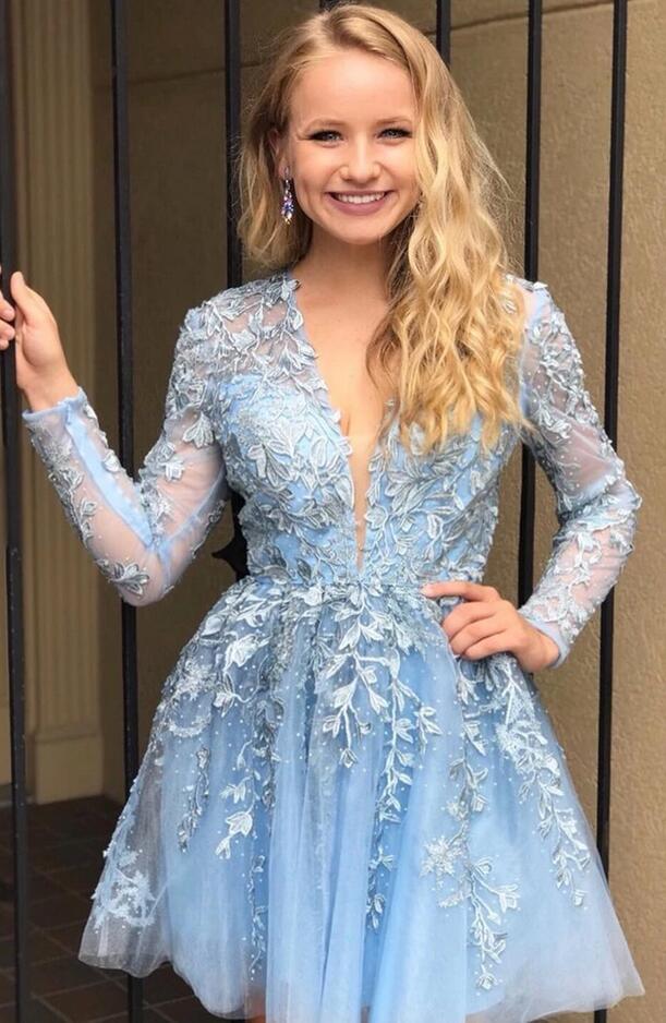 A-line Plunging Neckline Long Sleeves Knee-length Tulle Cocktail Party Dress With Appliques 2