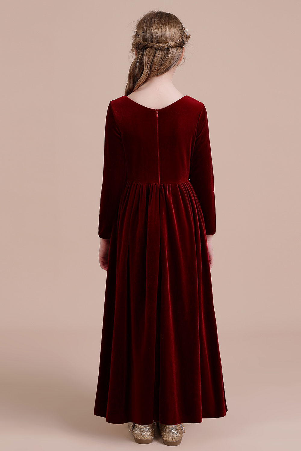 A-line Jewel Neck Long Sleeves Ankle-length Velvet Flower Girl Dress 2