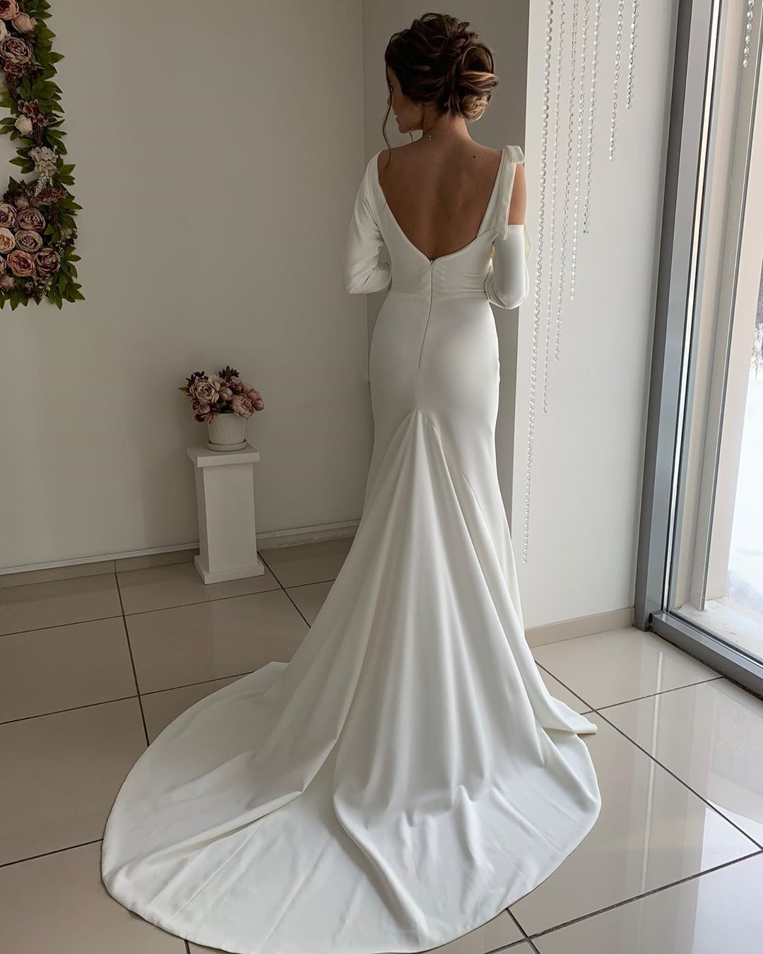 Column Long Sleeves Floor-length Satin Wedding Dress 2
