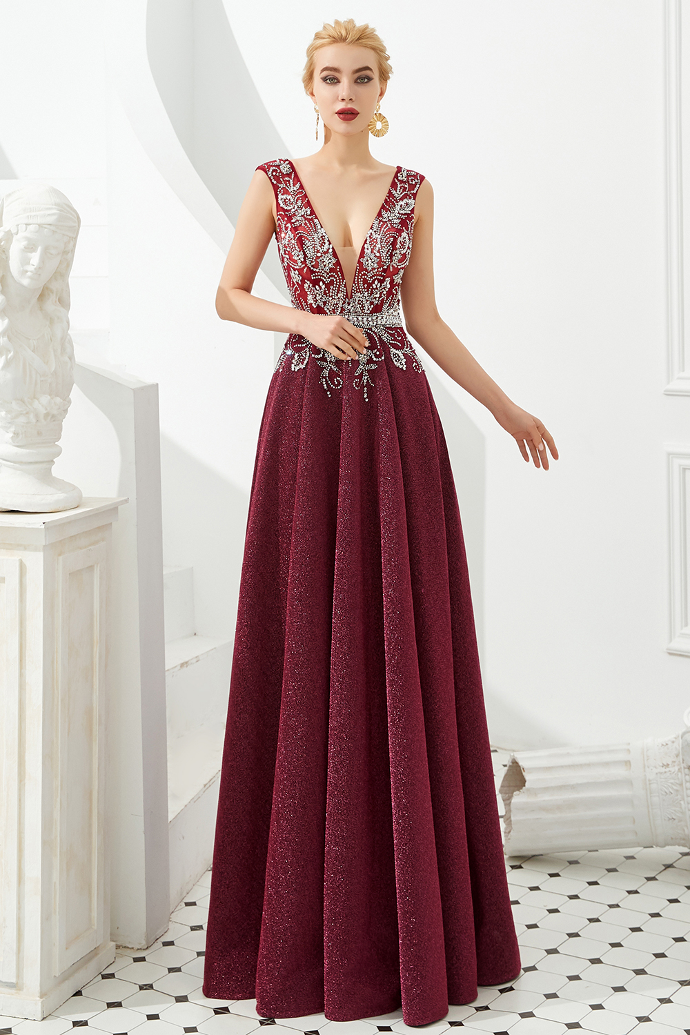 A-line V-neck Sleeveless Sweep / Brush Train Evening Gown With Crystal Floral Pin 6