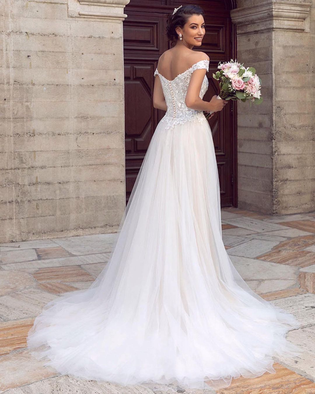 A-line Off-the-shoulder Sleeveless Court Train Tulle Wedding Gown With Pearls 2