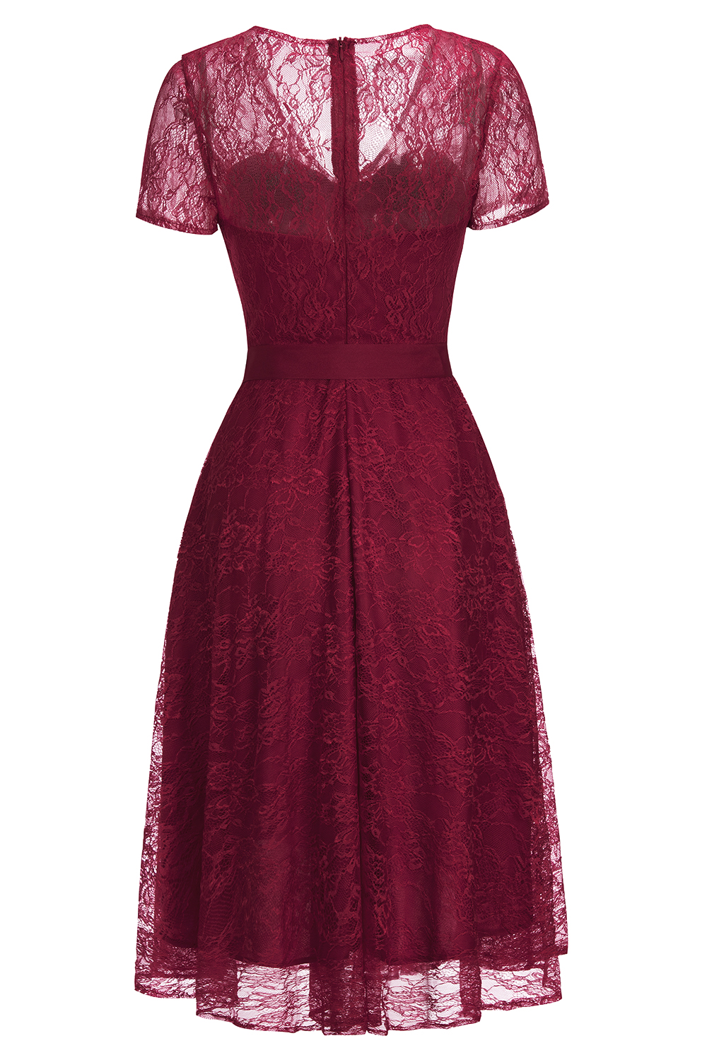 A-line V-neck Short Sleeves Mini Lace Bridesmaid Attire With Ribbons 4