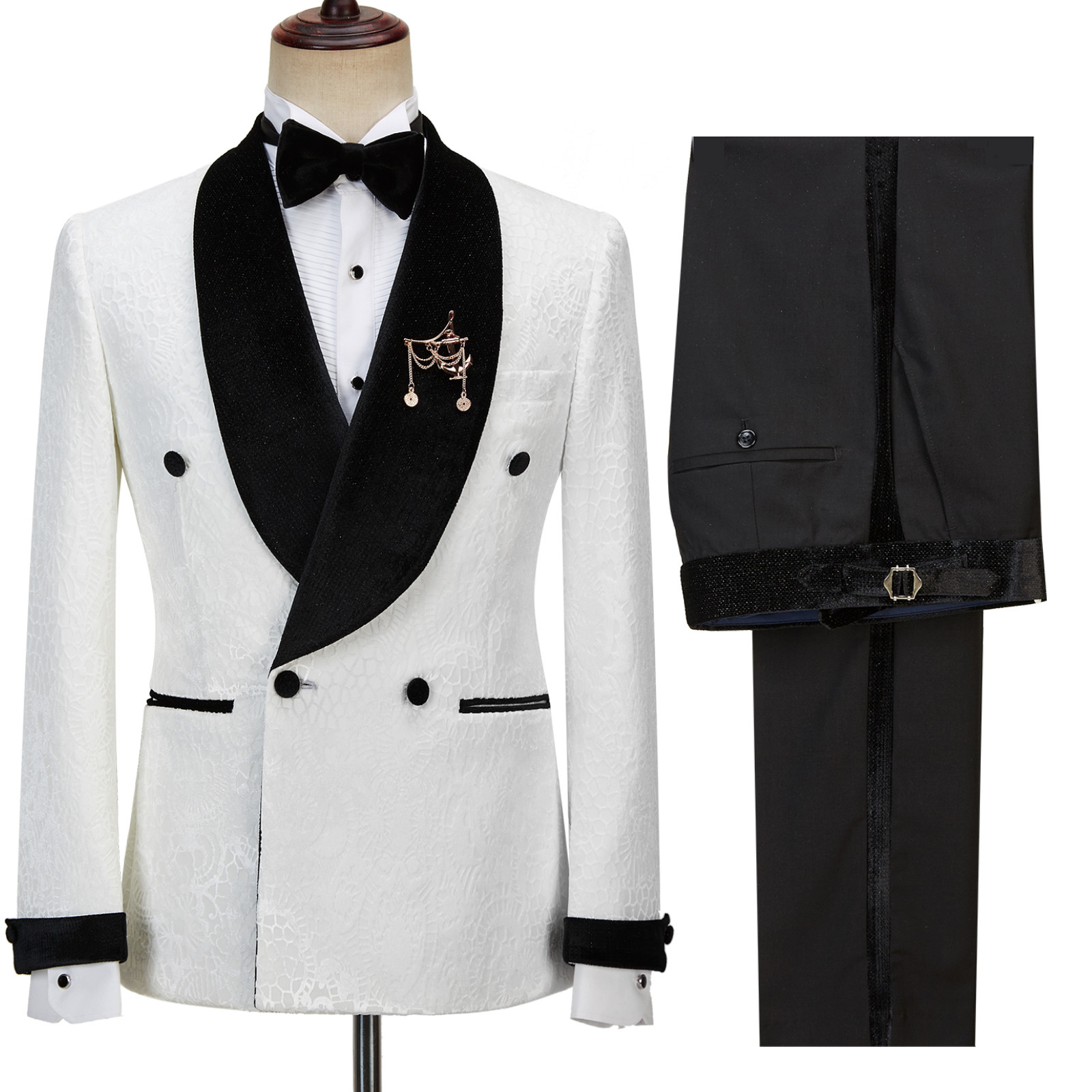 White Jacquard Double Breasted Wedding Suit with Sparkle Shawl Lapel 2
