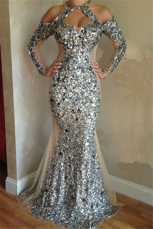 Mermaid Halter-neck Sweep / Brush Train Tulle Evening Dress With Crystal 1
