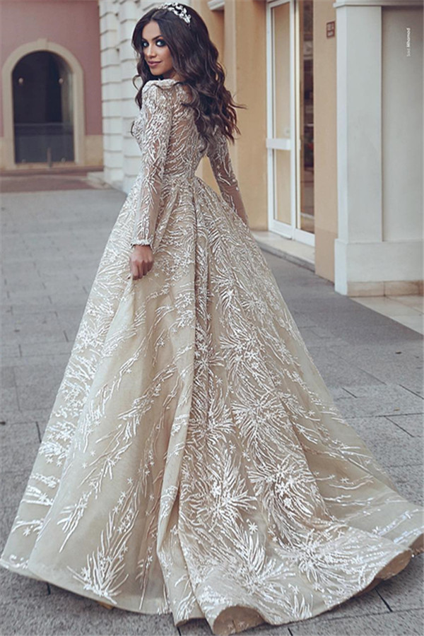 A-line V-neck Long Sleeves Sweep / Brush Train Wedding Gown With Appliques 3