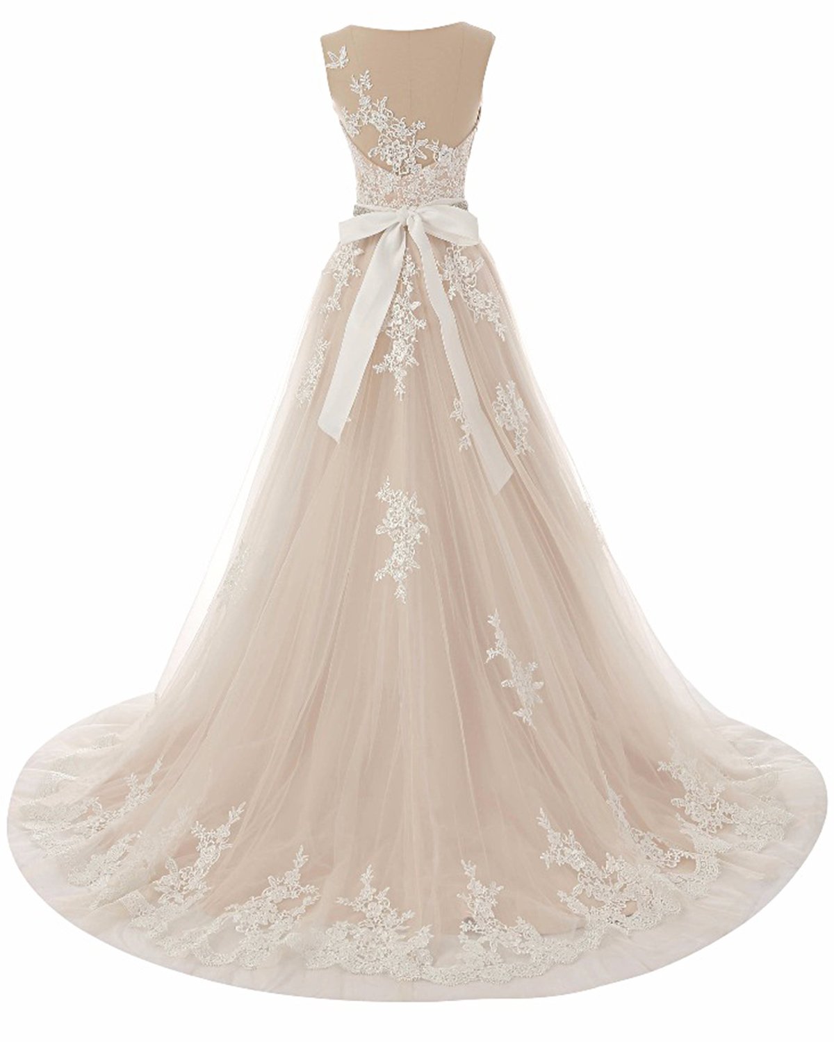 A-line Jewel Neck Sleeveless Floor-length Tulle Wedding Gown With Lace 3