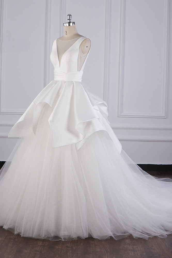 A-line Jewel Neck Sleeveless Floor-length Tulle Wedding Gown With Ruffles 2
