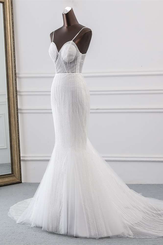 Mermaid Spaghetti Straps V-neck Sleeveless Floor-length Tulle Bridal Dress With Beading 3