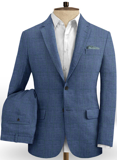 Navy Blue Grid Linen Men Suits 2