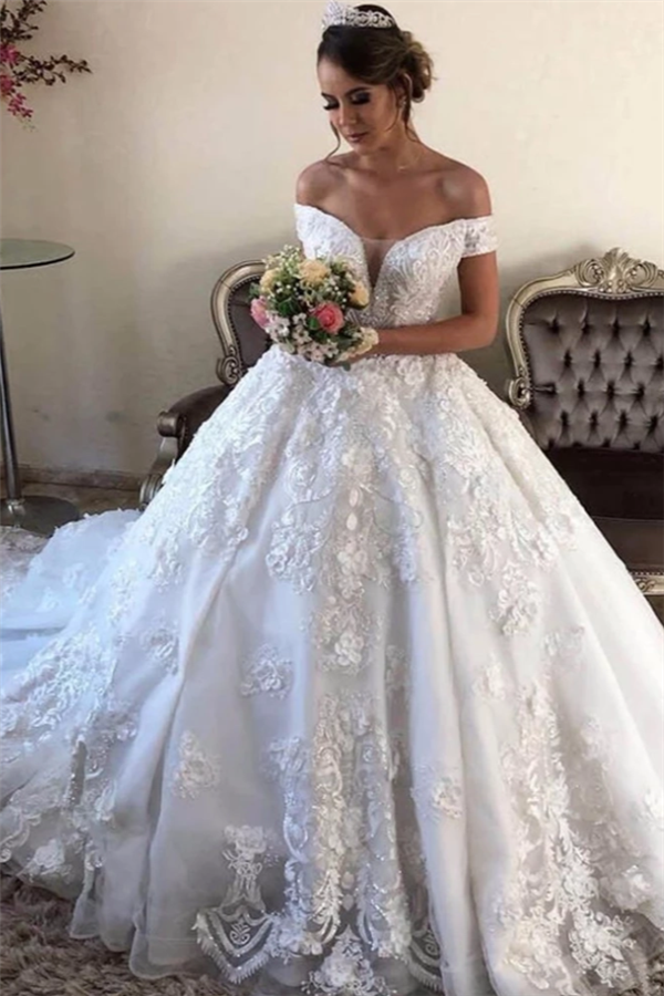 Ball Gown Off-the-shoulder Sleeveless Sweep / Brush Train Wedding Gown With Appliques 2
