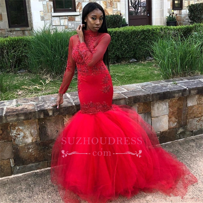 Mermaid High Neck Sweep / Brush Train Tulle Evening Dress With Appliques 3