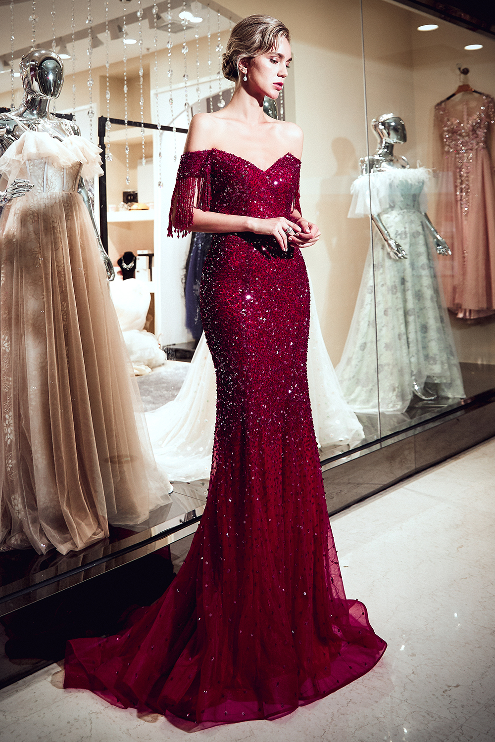 Mermaid Off-the-shoulder Cap Sleeves Court Train Tulle Formal Dress With Sequins 5