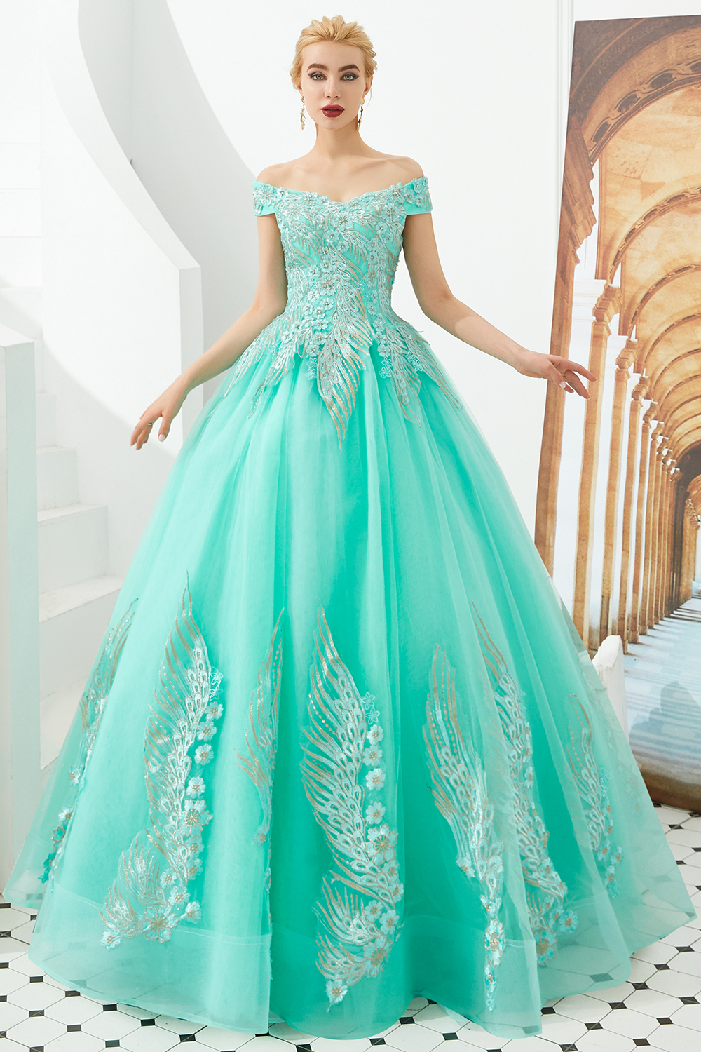 Ball Gown Off-the-shoulder Cap Sleeves Sweep / Brush Train Tulle Formal Dress With Beading 10