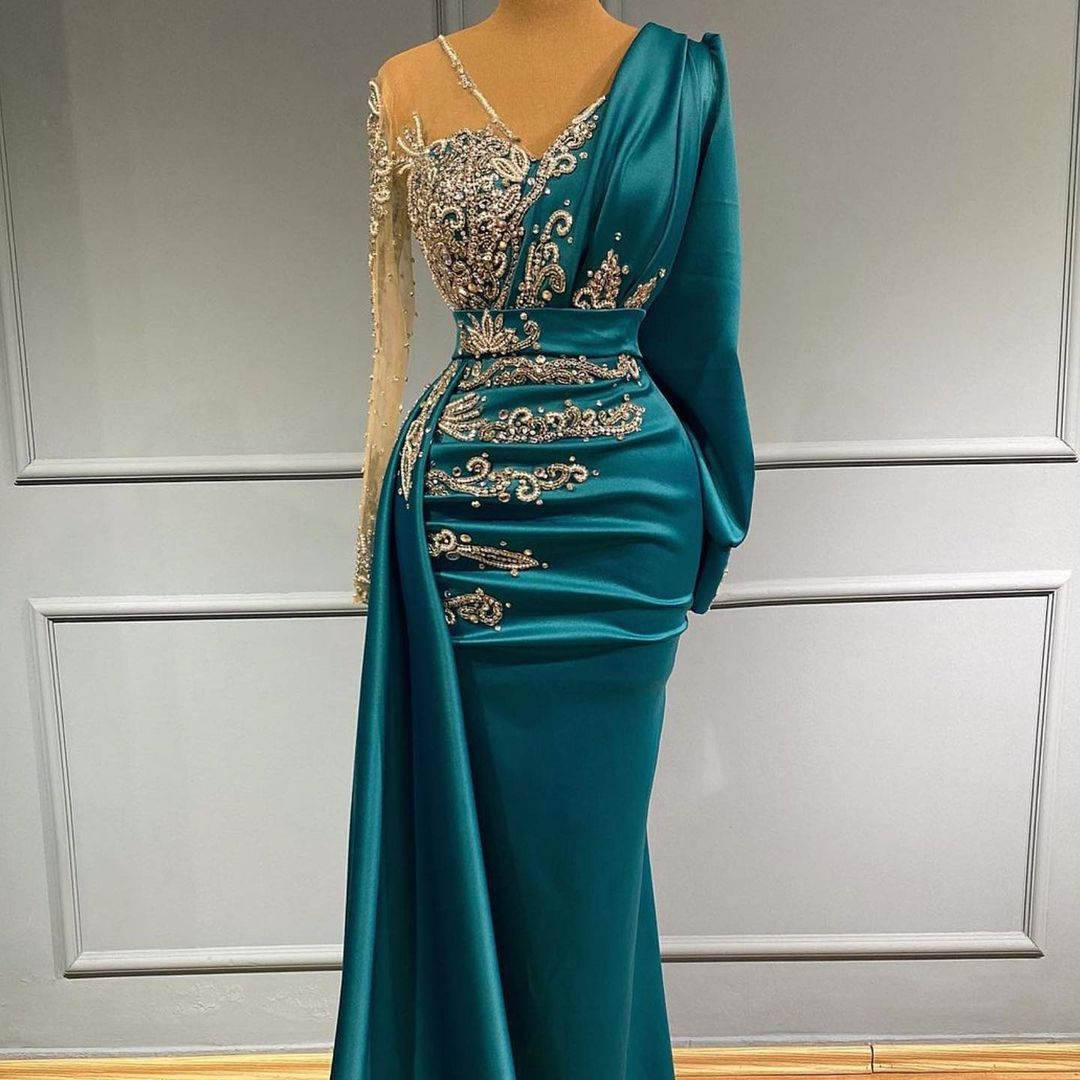 Mermaid V-neck Long Sleeves Floor-length Stretch Satin Evening Gown With Crystal 3