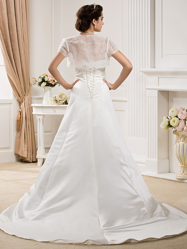 A-line Strapless Sleeveless Court Train Lace Bridal Gown With Lace 4
