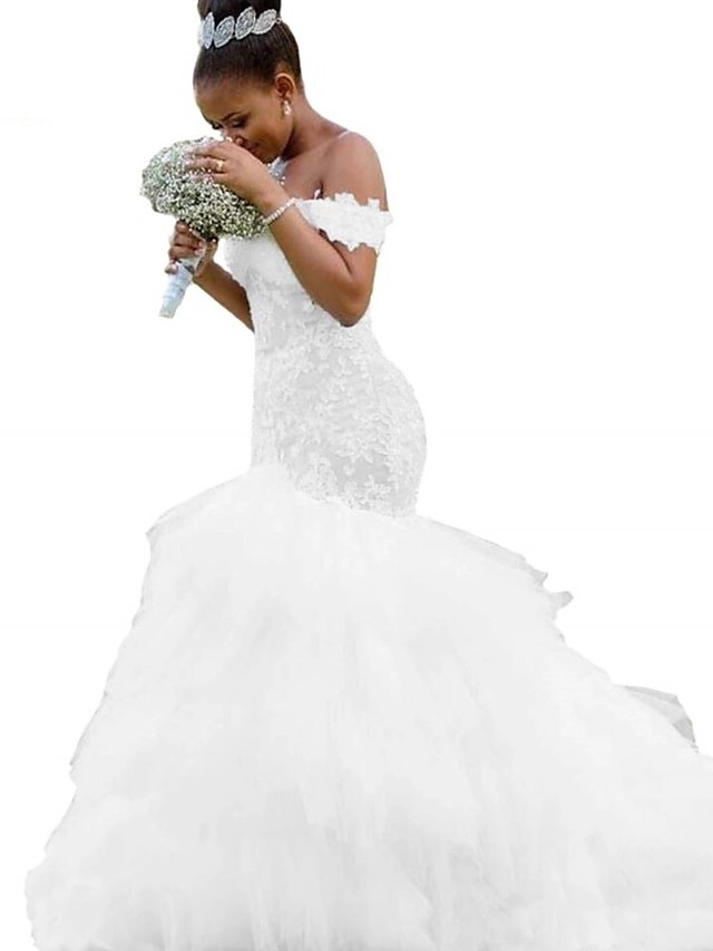 Mermaid Sleeveless Chapel Train Tulle Bridal Gown With Pearls 2