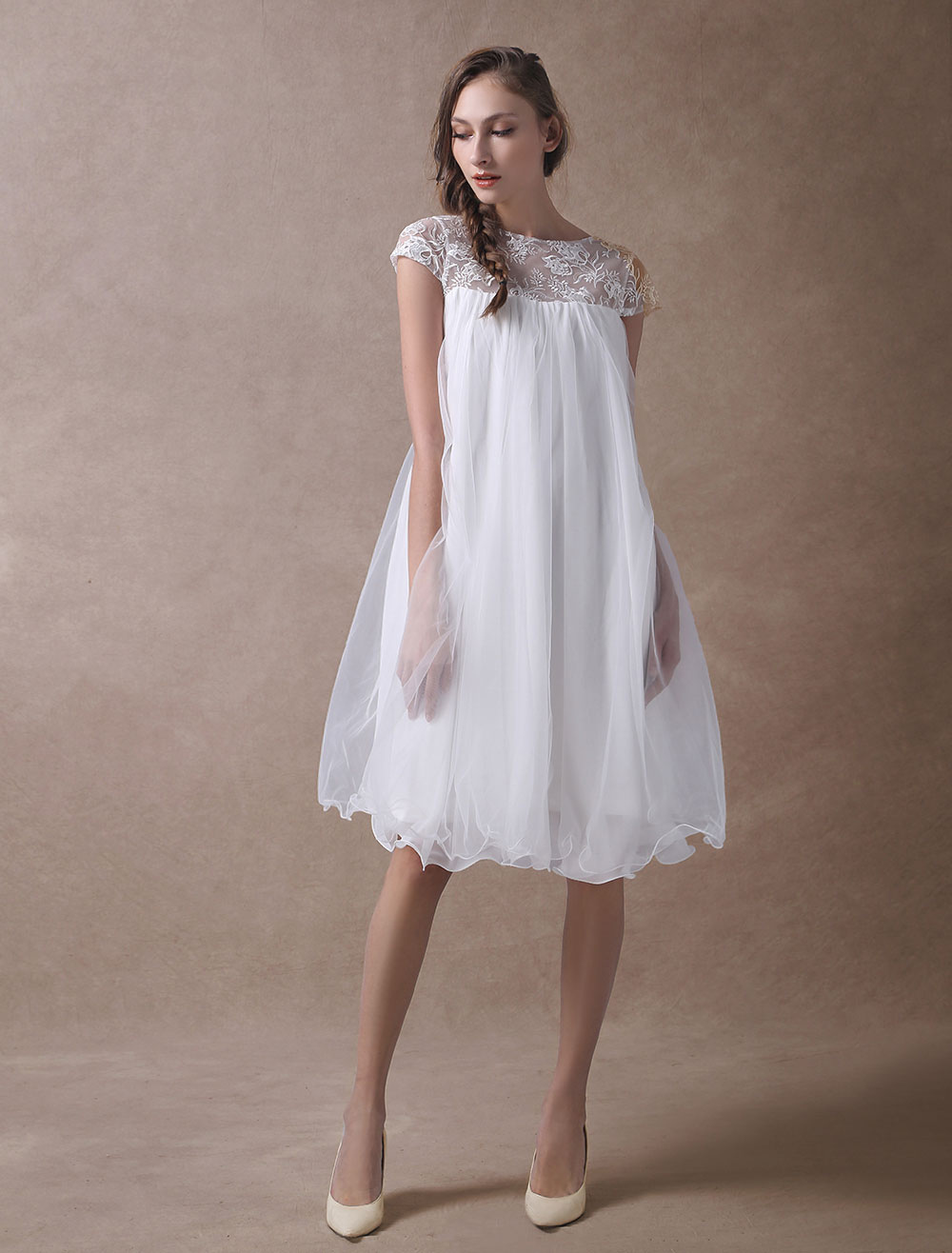 A-line Short Sleeves Mini Lace Bridal Attire With Lace 2