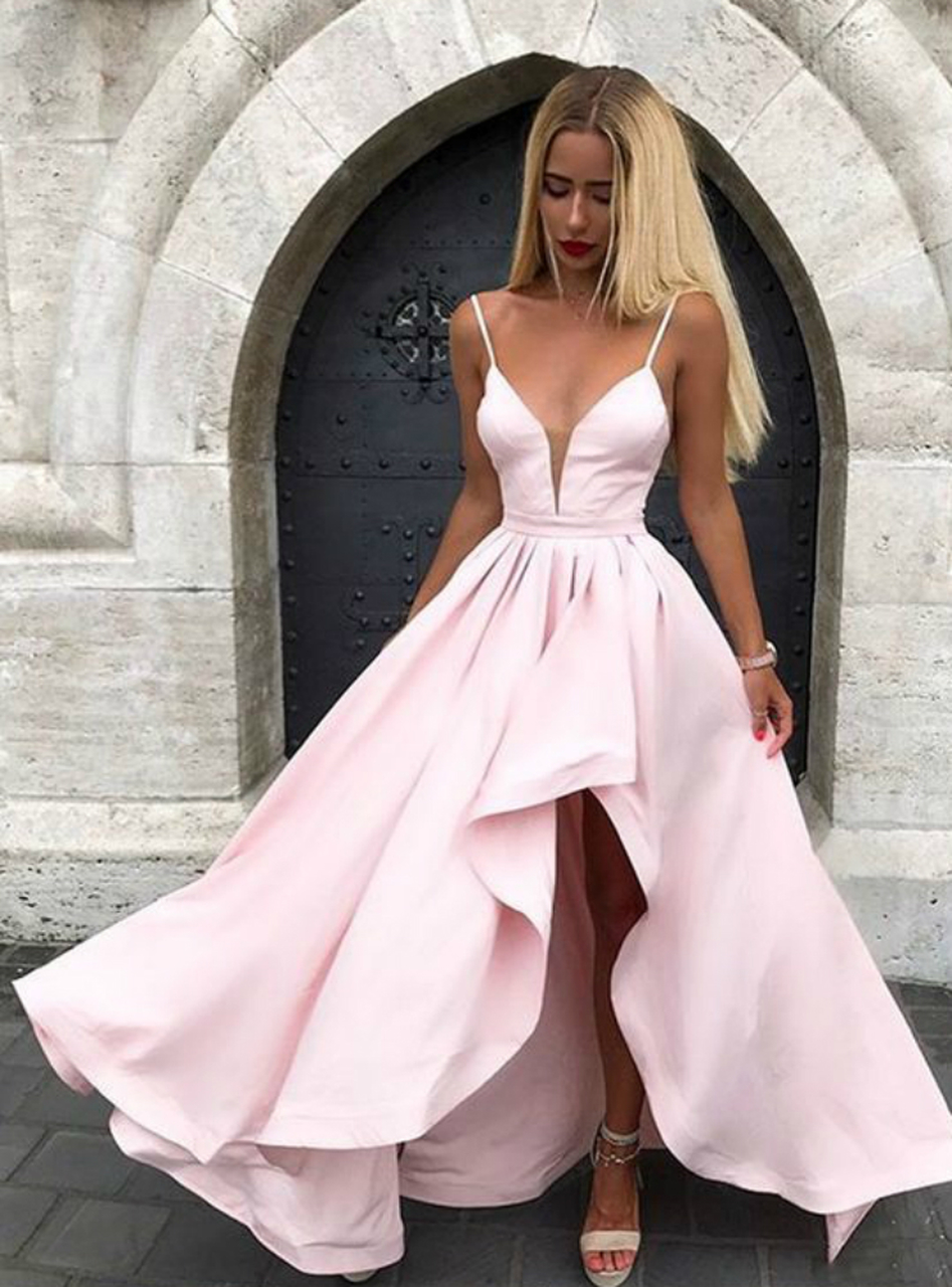 A-line Spaghetti Straps Sweetheart Neck Sleeveless Hi-Lo Stretch Satin Evening Gown With Ruffles 2