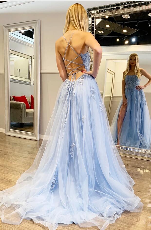 A-line Spaghetti Straps Sleeveless Floor-length Tulle Prom Dress With Lace 5