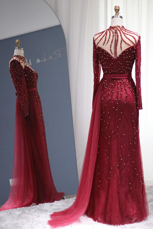 A-line High Neck Long Sleeves Floor-length Tulle Formal Dress With Crystal 3