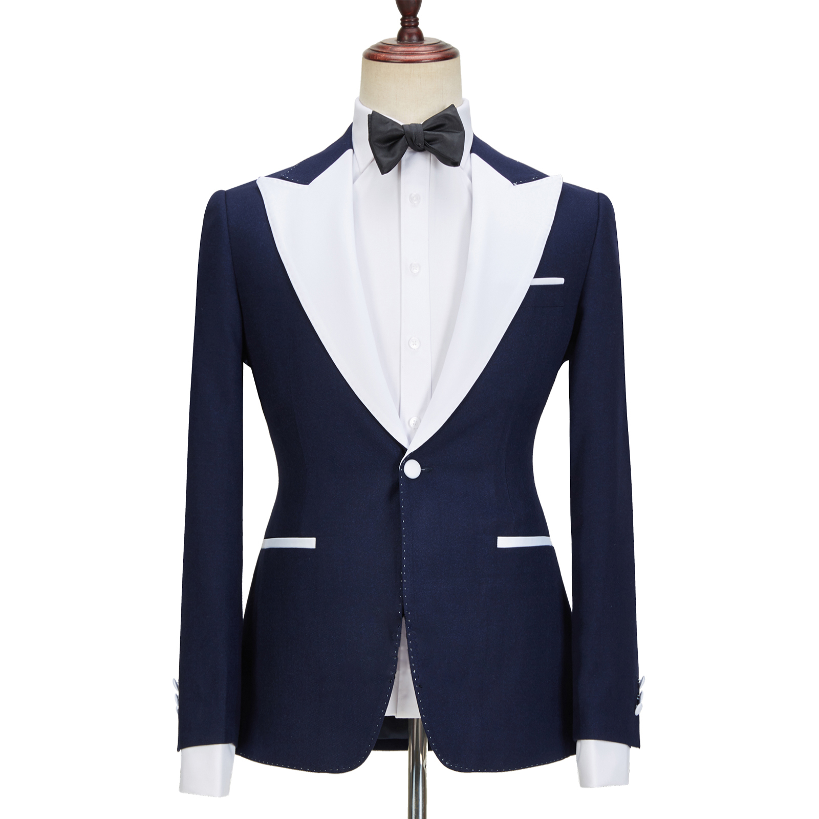 Navy Blue Peaked Lapel Slim Fit Three Pieces Men Suit 4