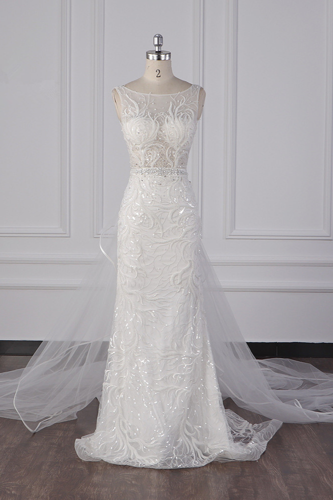 Column Jewel Neck Sleeveless Floor-length Tulle Bridal Attire With Appliques 1