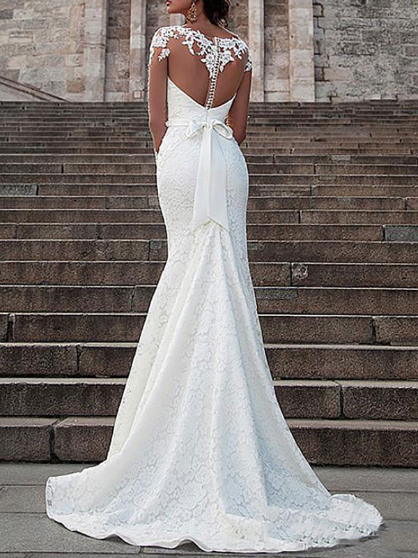 Mermaid Long Sleeves Court Train Lace Wedding Gown With Buttons 2