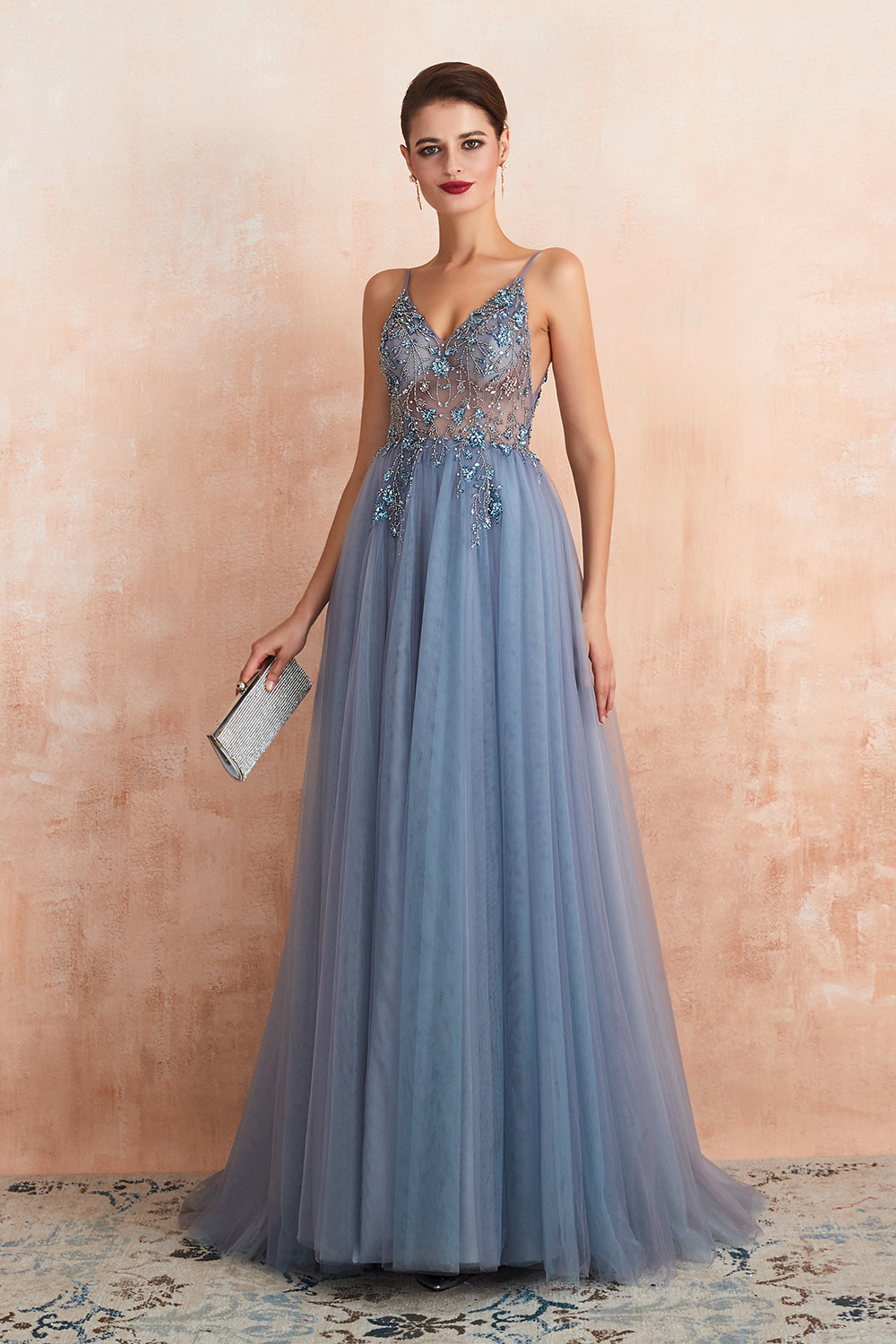 A-line V-neck Sleeveless Sweep / Brush Train Tulle Evening Dress With Sequins 17