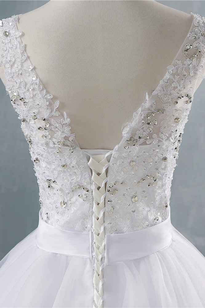 A-line V-neck Floor-length Tulle Bridal Gown With Appliques 6