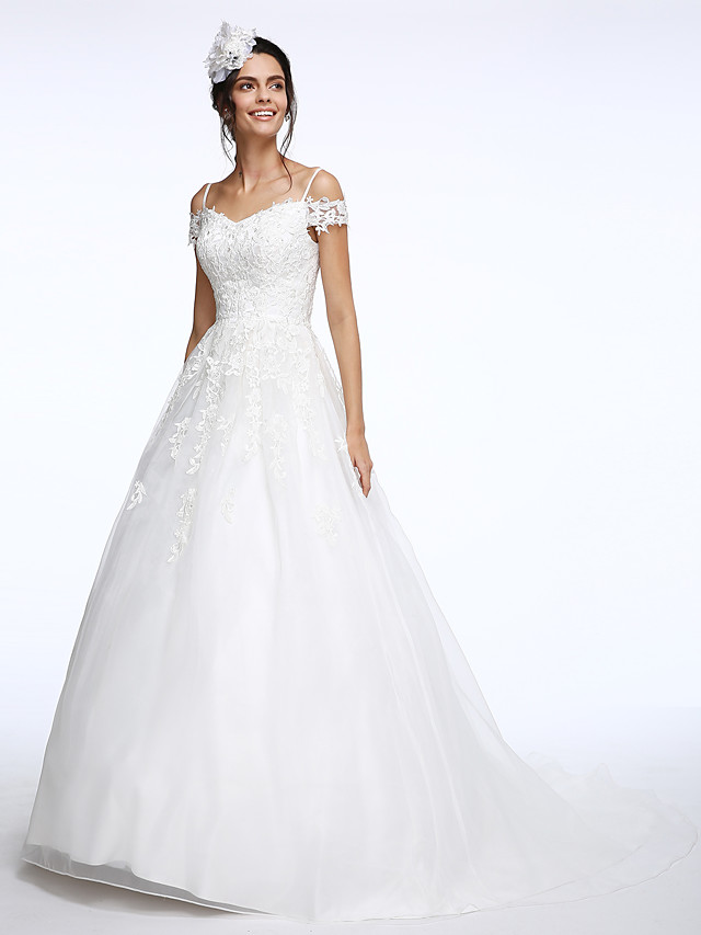 Ball Gown Short Sleeves Court Train Organza Wedding Gown With Lace 6