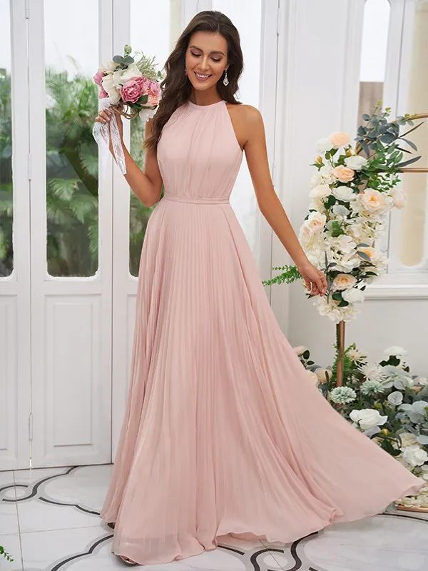 A-line Halter-neck Sleeveless Floor-length 100D Chiffon Bridesmaid Attire With Ruffles 1