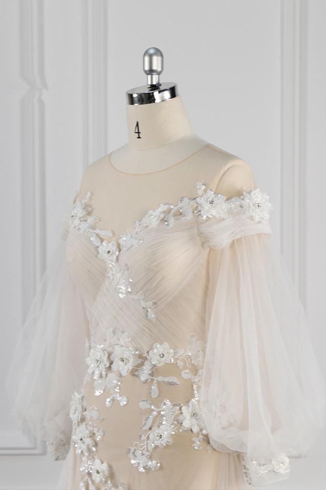 A-line Jewel Neck Long Sleeves Floor-length Tulle Bridal Dress With Lace 5
