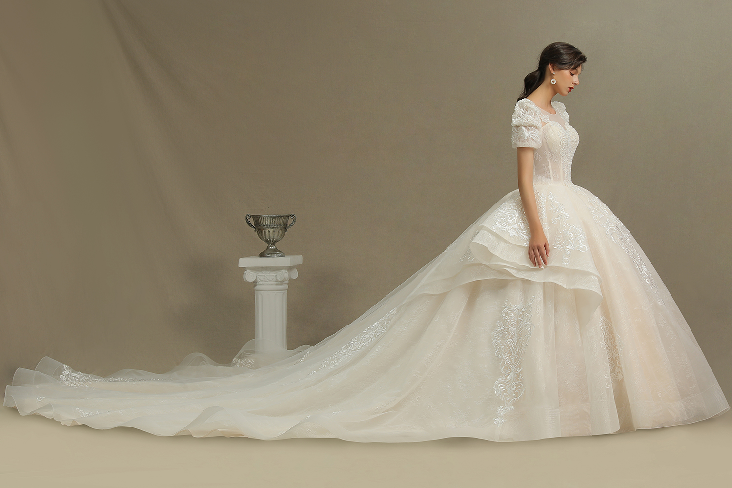 A-line Jewel Neck 3/4-Length Sleeves Floor-length Tulle Wedding Gown With Cathedral Train 4