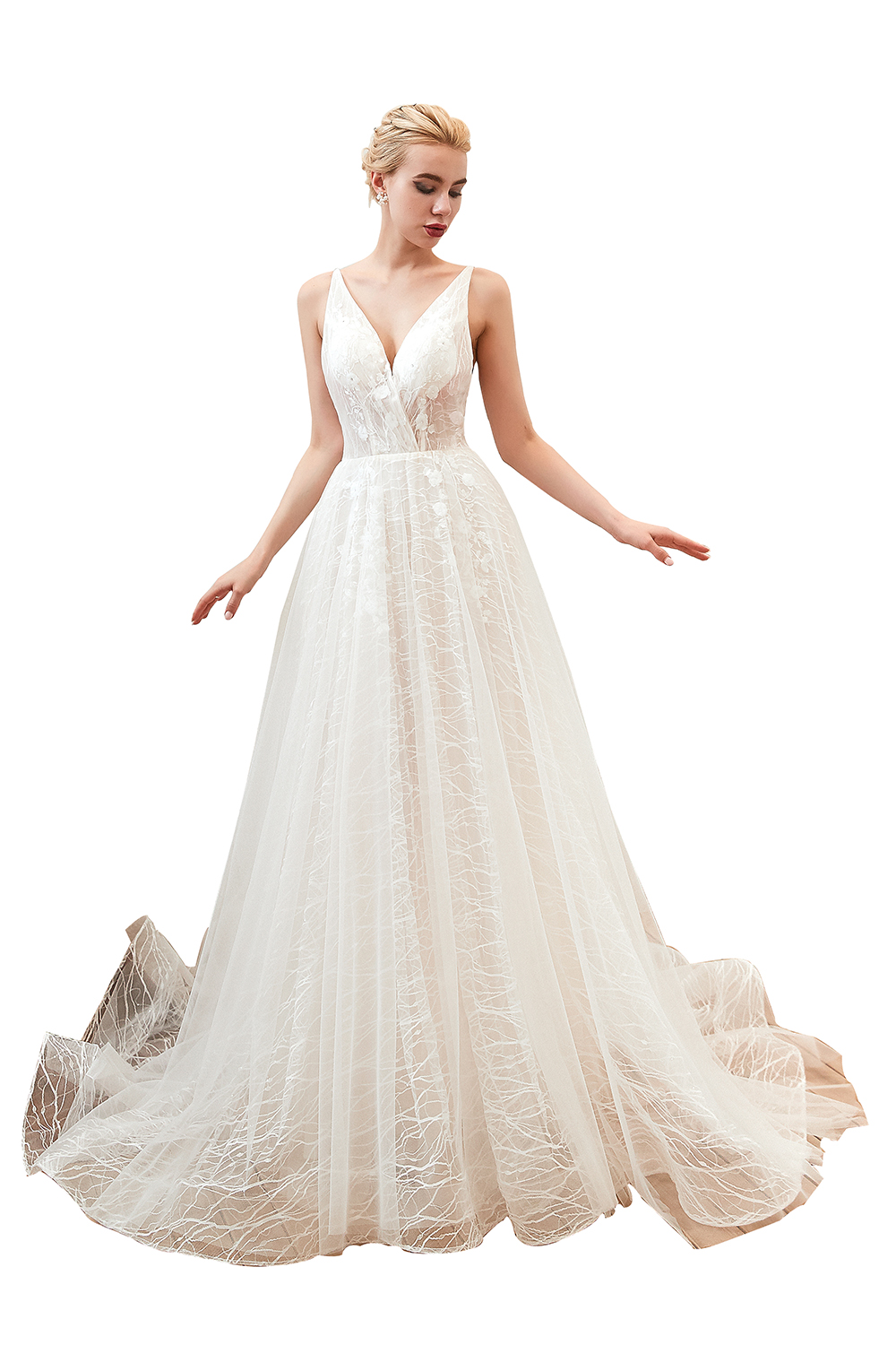 A-line Plunging Neckline Sleeveless Chapel Train Tulle Bridal Gown With Lace 20