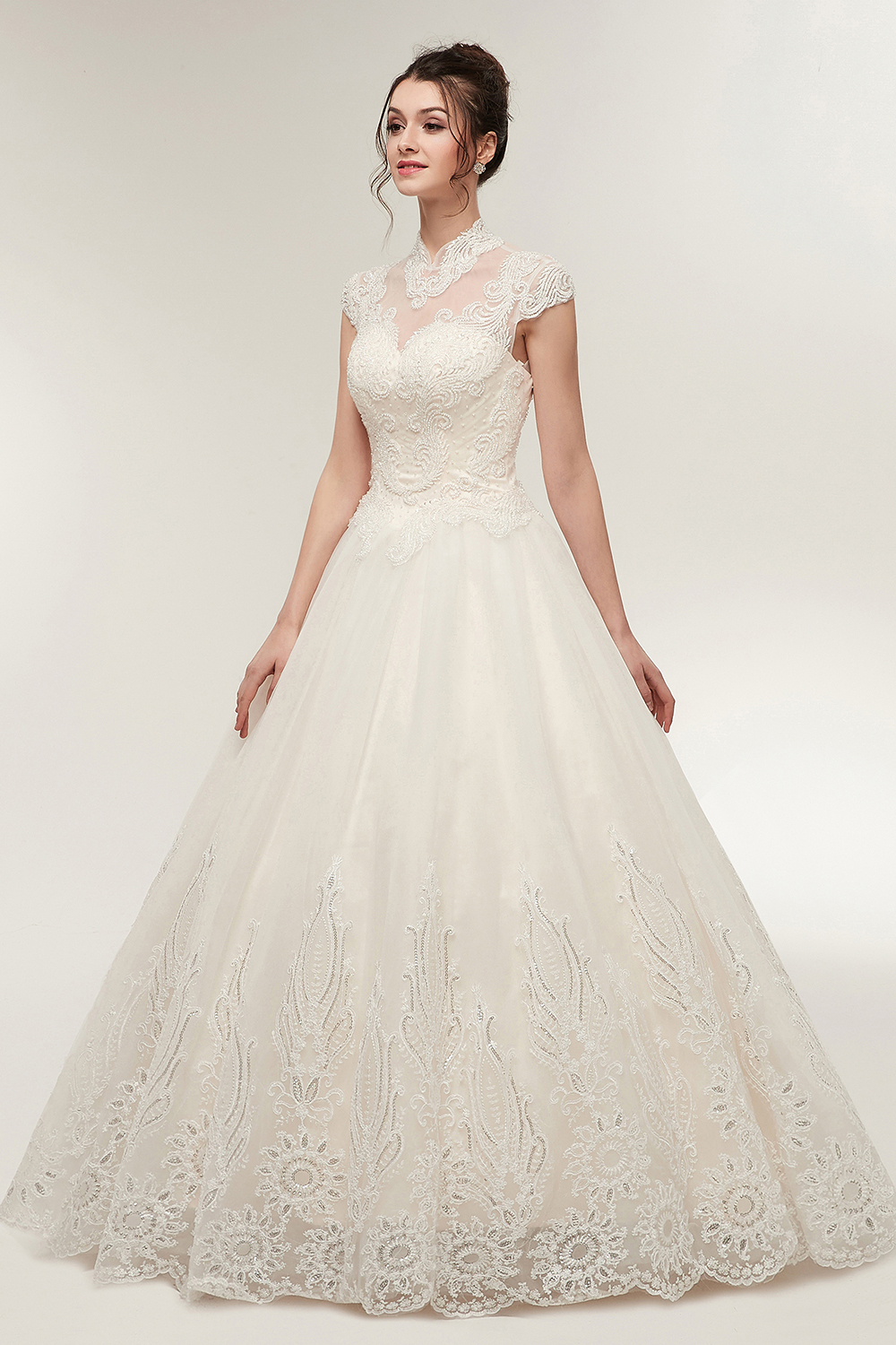 High Neck Short Sleeves Floor-length Lace Bridal Gown With Ruched 5