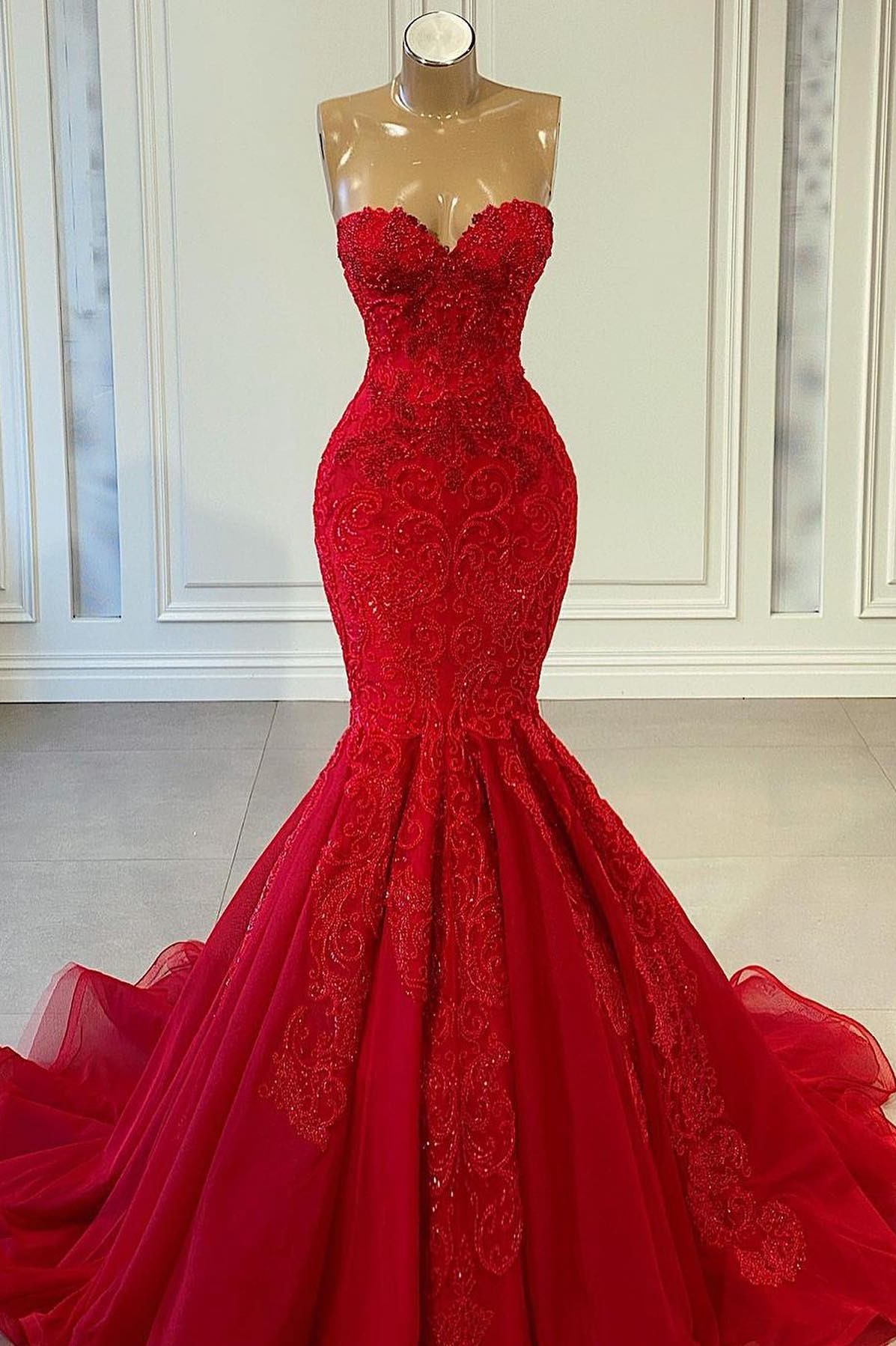 Mermaid Sweetheart Neck Sleeveless Floor-length Tulle Evening Gown With Pattern 1