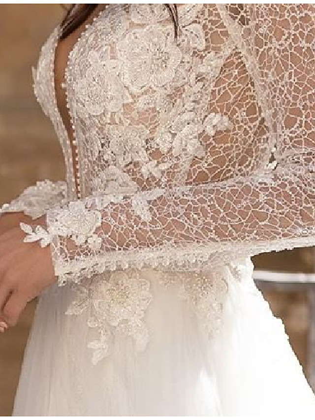 A-line Plunging Neckline Long Sleeves Court Train Tulle Bridal Gown With Lace 3