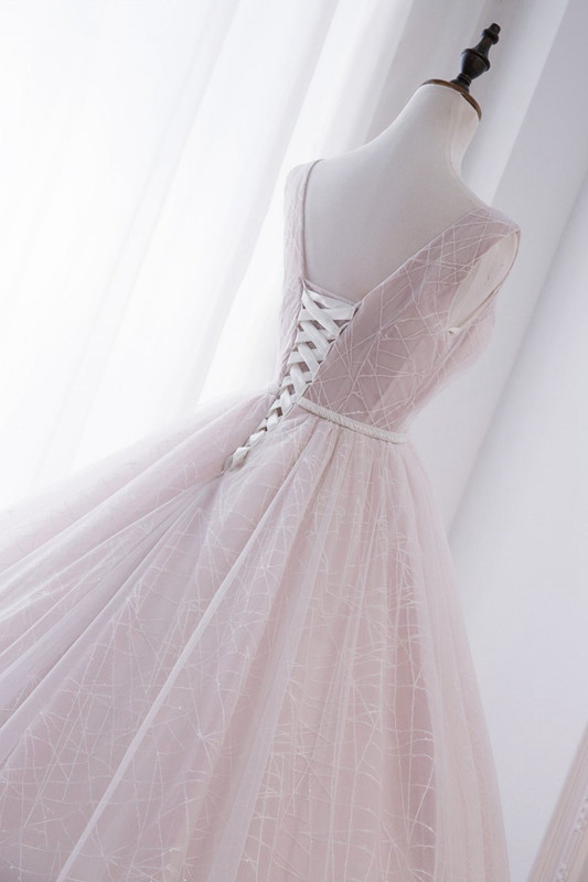 A-line V-neck Sleeveless Floor-length Tulle Bridal Dress With Beading 6